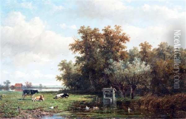 Cattle In A Summer Polder Landscape Oil Painting - Anthonie Jacobus van Wijngaerdt