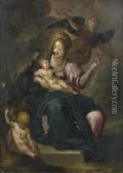 Vierge A L'enfant Couronnee Par Un Ange Avec Oil Painting - Hans Rottenhammer