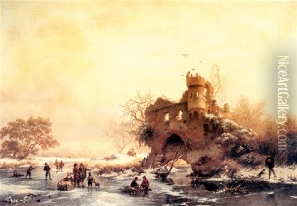 Winter Landscape With Skaters On A Frozen River Beside      Castle Ruins Oil Painting - Frederik Marinus Kruseman
