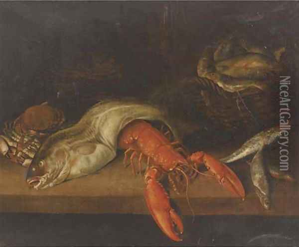 A lobster, a basket of fish, a crab, a cod and other fish on a ledge Oil Painting - Abraham Hendrickz Van Beyeren