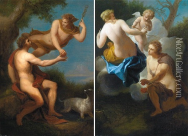 Merkur Uberreicht Adonis Den Apfel (+ Venus Uberreicht Hippomenes Einen Der Drei Goldenen Apfel; Pair) Oil Painting - Andrea Casali