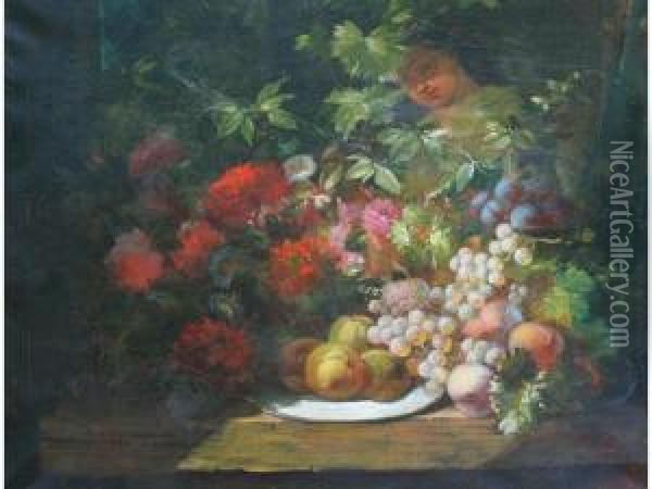 Nature Morte Aux Fleurs Et Auxfruits Oil Painting - Etienne Leon Trebutien