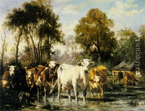 Cows In A Landscape Oil Painting - Marie Dieterle
