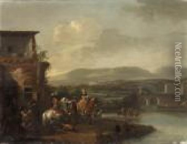 Travellers Outside An Inn By A 
River, An Extensive Landscape With Abridge And A Manor House Beyond Oil Painting - Pieter Wouwermans or Wouwerman