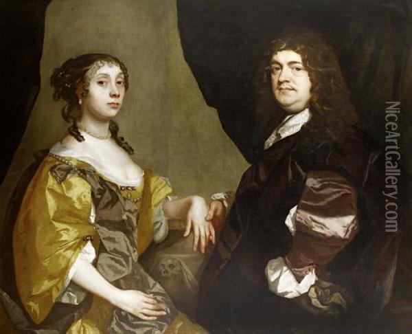 Portrait Of A Gentleman And His Wife, Bothhalf-length, He Wearing A Brown Tunic And Cloak And She Wearing Ayellow Satin Dress Oil Painting - Pieter Borsselaer