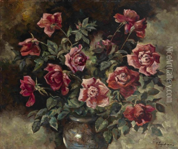 Roses In A Vase Oil Painting - Georgi Alexandrovich Lapchine