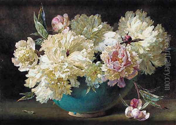 Pink and white peonies in a bowl Oil Painting - Helen Cordelia Coleman Angell