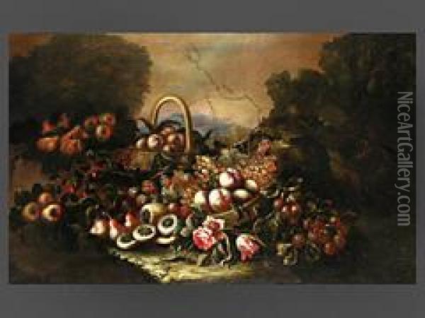 Fruchte, Bluten Und Korb Vor Tiefer Landschaft Oil Painting - Paolo Paoletti