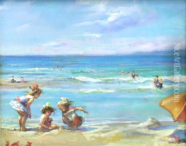 Children At The Beach Oil Painting - Pierre Leonce Furst