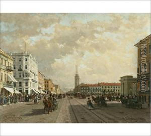 A View Of Nevsky Prospekt In St Petersburg Oil Painting - Petr Petrovich Vereshchagin