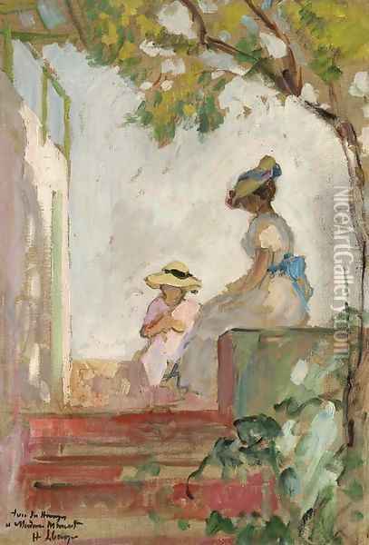 Sainte-Maxime, Madame Lebasque et sa fille sur la terrasse Oil Painting - Henri Lebasque