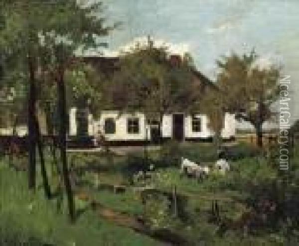 Farmhouse With Goats Oil Painting - Johannes Evert Akkeringa
