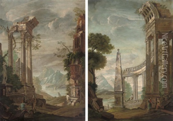 An Architectural Capriccio Of Classical Ruins With Figures By A Sculpted Urn (+ An Architectural Capriccio Of Classical Ruins With Figures By An Obelisk; 2 Works) Oil Painting - Giovanni Ghisolfi