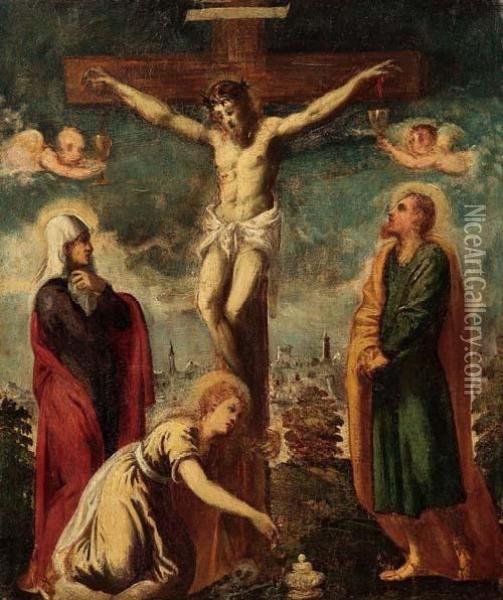 Il Crocefisso Con La Vergine, San Giovanni E La Maddalena Oil Painting - Jacopo Robusti, II Tintoretto