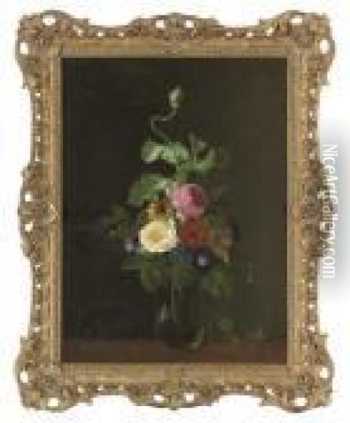 Roses, Convolvulus, And Morning Glory In A Glass Vase, On A Table Oil Painting - John Wainwright