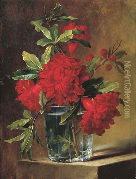 Pomegranate blossoms in a glass vase on a stone ledge Oil Painting - Elise De Bruyere