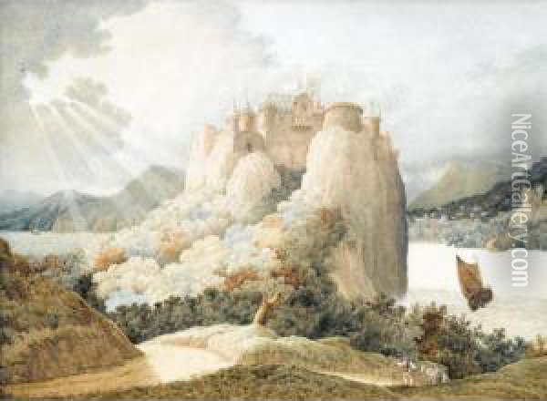 Castle On A Cliff Overlooking A Lake Oil Painting - Richard Dadd