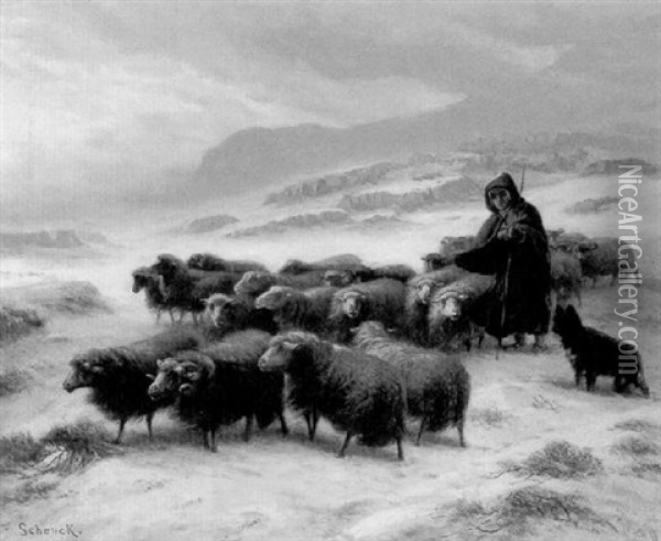 Flock Of Sheep In The Snow Oil Painting - August Friedrich Albrecht Schenck