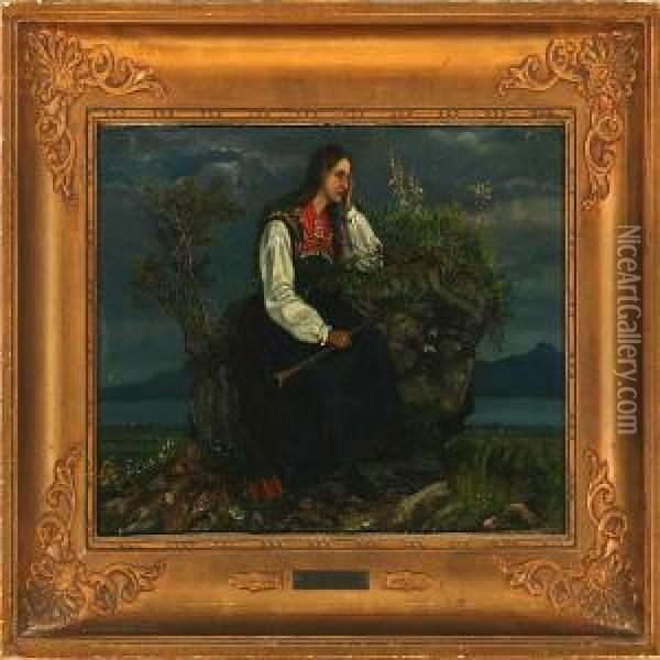 Norwegian Woman With A Wind Instrument Sitting On A Stone Oil Painting - Frederik Sodring