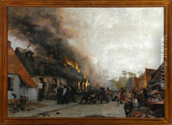 The Fire Is Loose. Signed. Dated 1893 Oil Painting - Francis Tattegrain
