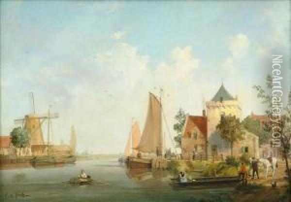 Dutch River Scene Oil Painting - A. J. F. De Groote