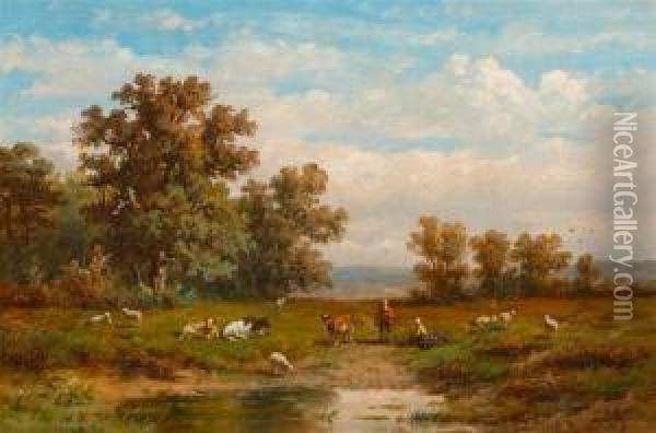 Meadow Landscape. Oil Painting - Anthonie Jacobus Van Wyngaerts