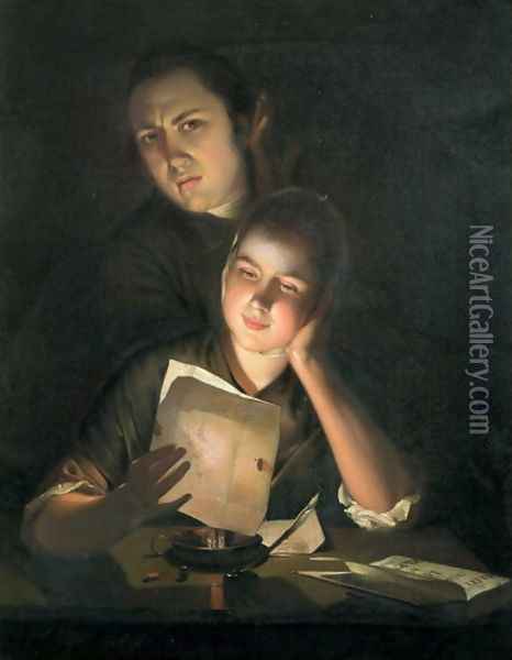 A Girl reading a letter by Candlelight, with a Young Man peering over her shoulder, c.1760-2 Oil Painting - Josepf Wright Of Derby