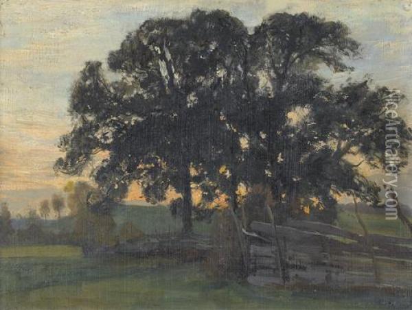Wiesenlandschaft Mit Baumen Am Abend Oil Painting - Otto Frolicher