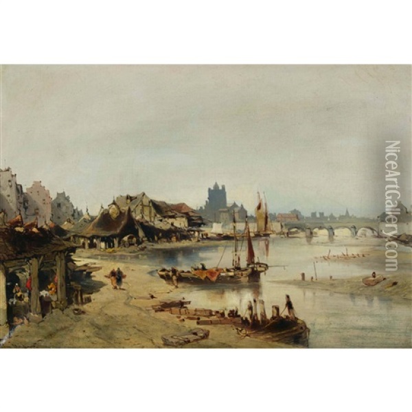 Maisons De Pecheurs Au Bord D'une Riviere Oil Painting - Eugene F. A. Deshayes