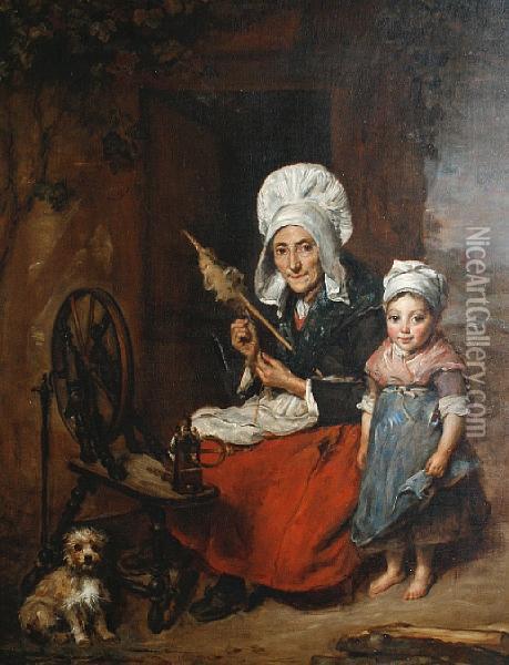 The Grandmother At Her Spinning Wheel Oil Painting - Emma Jones