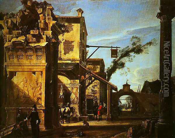 Architectural View with an Inn Oil Painting - Viviano Codazzi