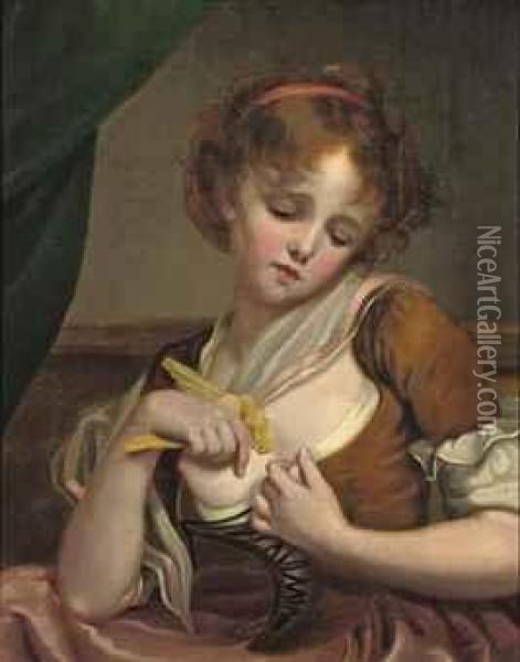 Young Girl In A Red Dress Holding A Bird Oil Painting - Jean Baptiste Greuze