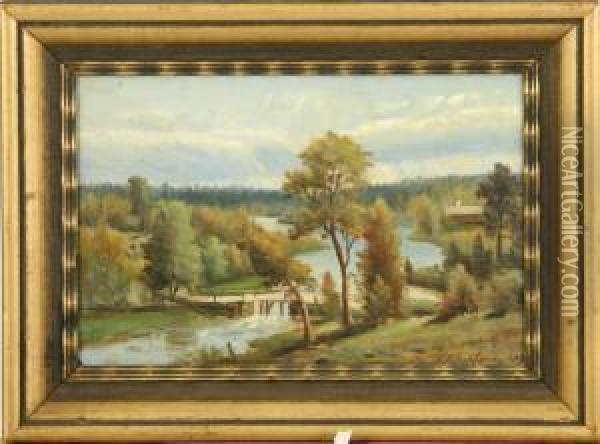 Flodmotiv Med Bro Oil Painting - Carl August Fahlgren