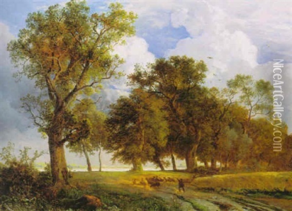 Summer Landscape With A Shepherd Tending To His Flock Oil Painting - Carl Hilgers