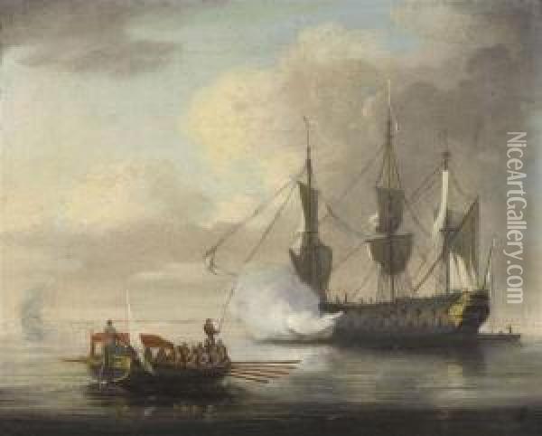Sailing Ship At Sea. Oil Painting - Adriaen Van Den Velde