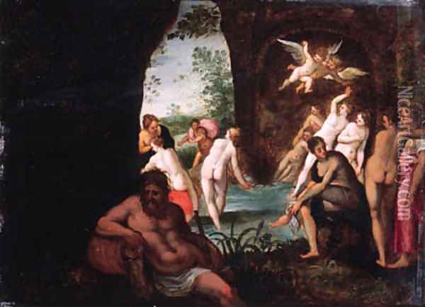 Actaeon surprising Diana and her nymphs in a grotto, a river god in the foreground Oil Painting - Johann Rottenhammer