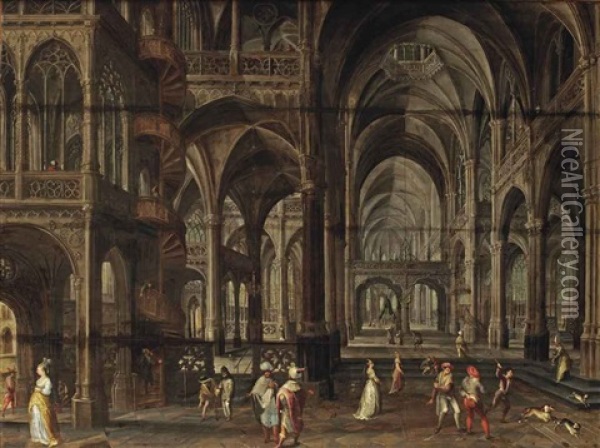 The Interior Of A Gothic Cathedral With Costumed Figures Oil Painting - Paul Vredemann van de Vries