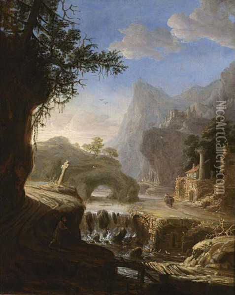 Italianate Fantasy Landscape With Figures Near A Small Cascade Oil Painting - Pieter Fris