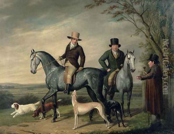 Two Gentlemen on Grey Hunters Oil Painting - Abraham Cooper