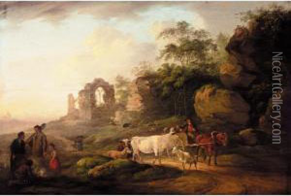 Peasants And A Drover On A Country Road, A Ruined Abbey Beyond Oil Painting - Peter La Cave