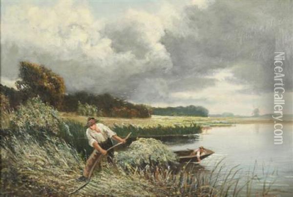 On The North Folk Broads Oil Painting - George Perfect Harding
