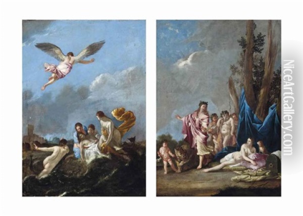 The Death Of Leander (+ Bacchus And Ariadne; Pair) Oil Painting - Giulio Carpioni