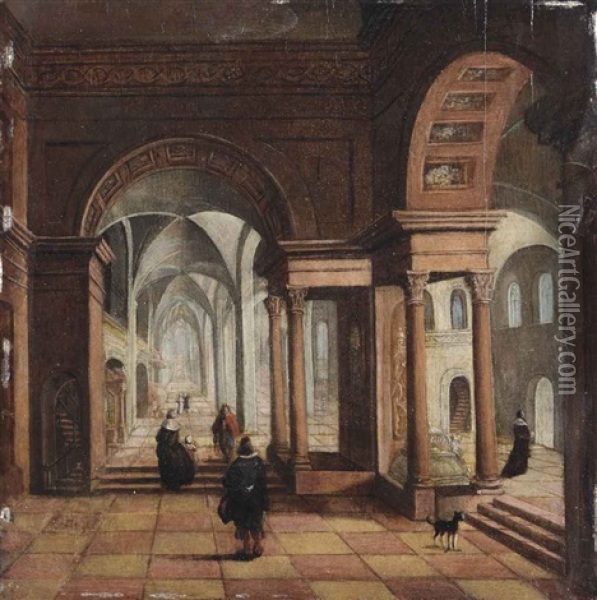 Elegant Figures In A Classical Church Interior Oil Painting - Bartholomeus Van Bassen