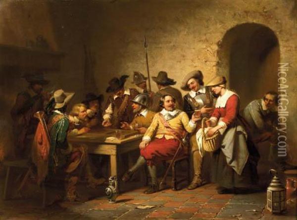 Soldiers Playing Backgammon In A Tavern Oil Painting - Willem Pieter Hoevenaar