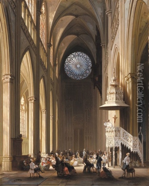 Interieur Van De Saint-etiennekathedraal Te Metz Oil Painting - Jules Victor Genisson