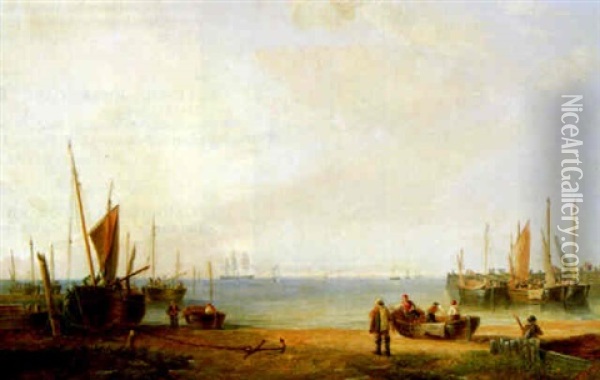 Sicht Vom Strand Auf Die Ruhige See Mit Fischerbooten Und Dreimastern Oil Painting - John Wilson Carmichael