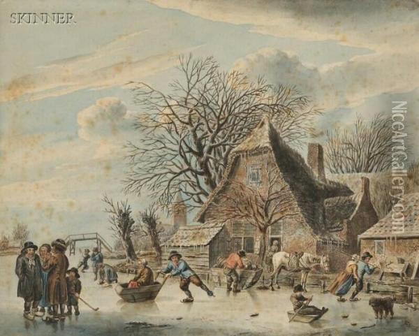 Skaters On A River Beside A Brick House Oil Painting - Jacob Cats