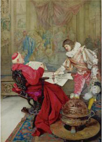 A Musketeer Presenting A Petition For The Pope To The Cardinal Secretary Of State Oil Painting - Guiseppe Signorini