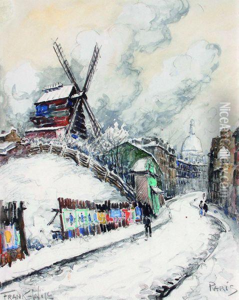 Paris, Le Moulin De La Galette Et Le Sacre-cur. Oil Painting - Frank Will