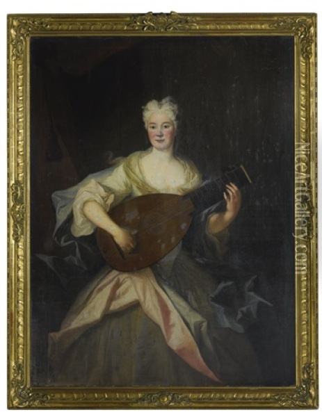 Portrait Of A Lady, Believed To Be Anna Constanze, Countess Of Cosel (1680 - 1765), Three-quarter Length, Dressed In Green And Pink Silks And Playing A Lute Oil Painting - Louis de Silvestre